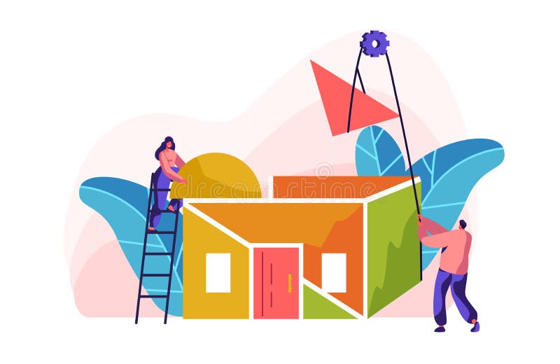 Team Builder Construction New Color Home. Woman on Ladder in Process Installation Roof in House. Man with Help Winch stock illustration