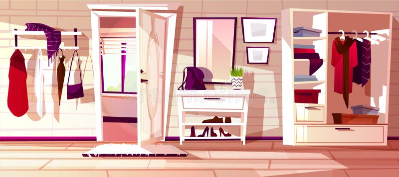 Vector hallway with open door. Interior background vector illustration