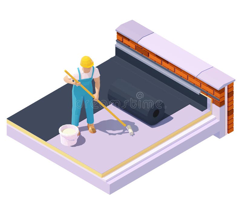 Vector isometric worker at flat roof insulation royalty free illustration