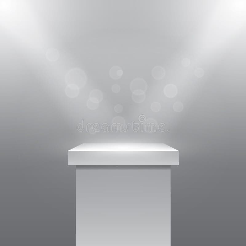 Vector Pedestal. Single empty pedestal or column under the rays projectors. Plinth and stone. Vector illustration royalty free illustration