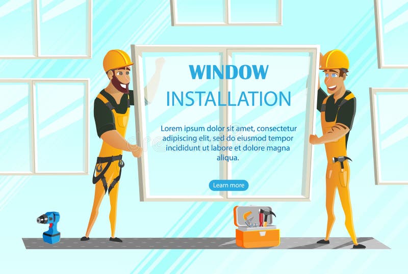 Window Installation, Workers, Frame with Glass. stock illustration