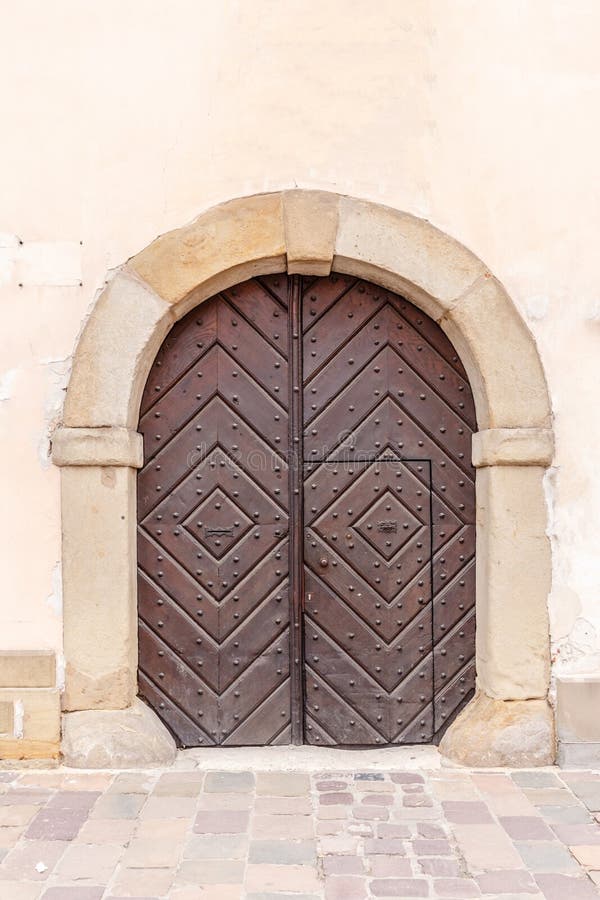 Wood arch doorway stock image