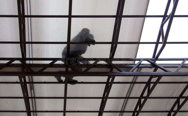 A worker mounts a metal canopy in the courtyard of the house. Silhouette man bottom view royalty free stock photos