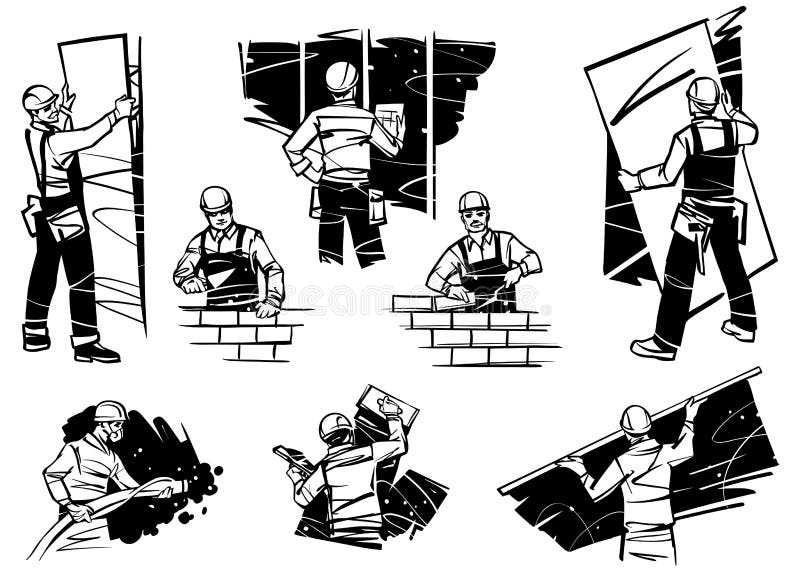 Workers in the house work with the walls. Laying bricks, plaster walls and installing drywall. vector illustration
