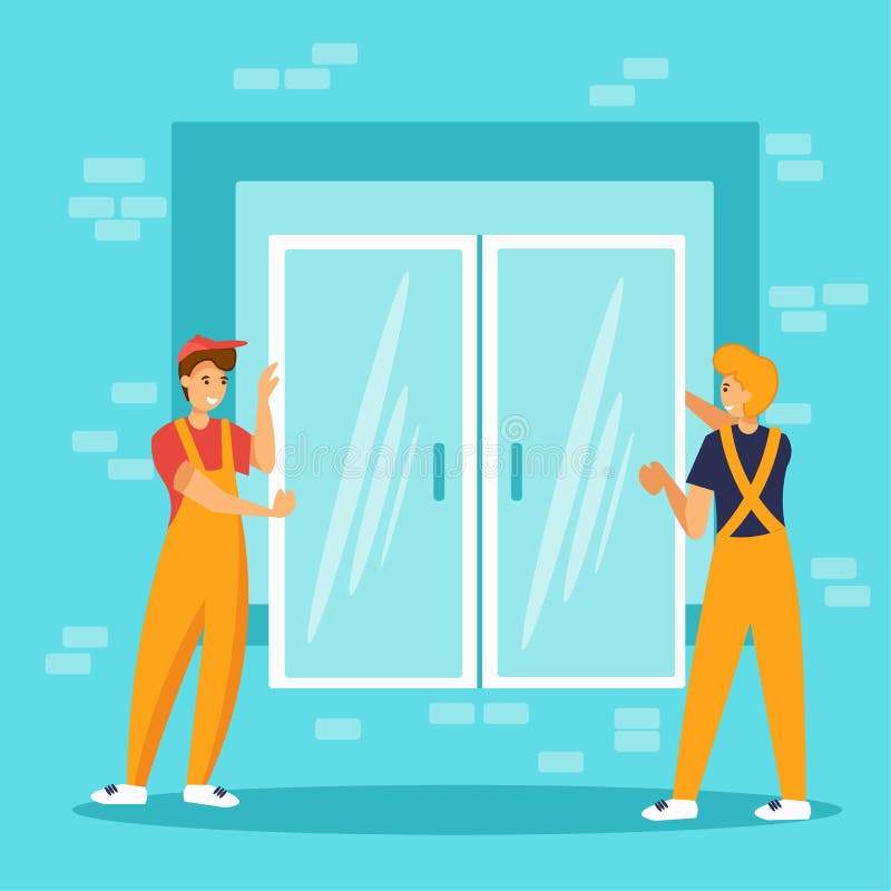 Workers installing plastic windows. Construction or repair service. royalty free illustration
