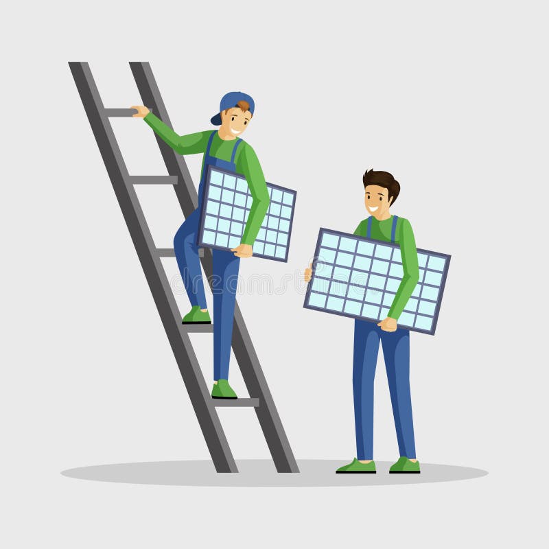Workers installing solar panels vector illustration. Specialists setting photovoltaic module, engineer on ladder cartoon royalty free illustration
