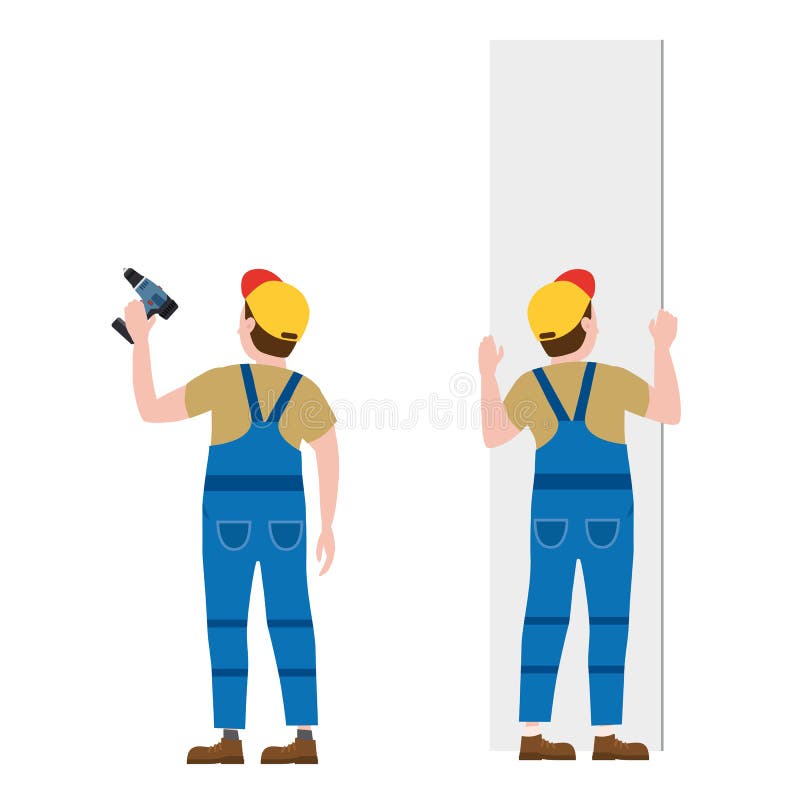 Workers, with a screwdriver, installing gypsum plasterboard panels. Vector illustration, isolated. Construction industry vector illustration