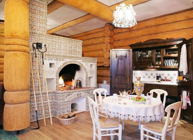 Русская печка в интерьере дома из бревна