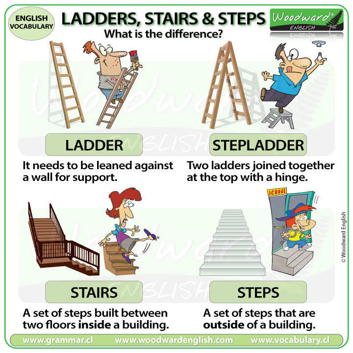 The difference between Ladder, stepladder, stairs and steps in English.
